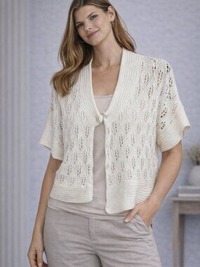 Nine West Open Knit Shrug Cardigan Women's Ivory Pointelle Short Sleeve